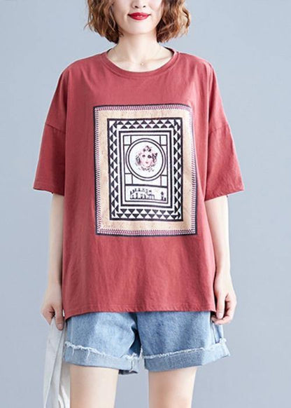 Italian Red Geometric Cotton Linen Blouses O Neck Daily Shirts