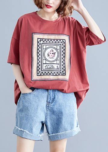 Italian Red Geometric Cotton Linen Blouses O Neck Daily Shirts