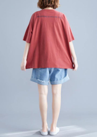 Italian Red Geometric Cotton Linen Blouses O Neck Daily Shirts
