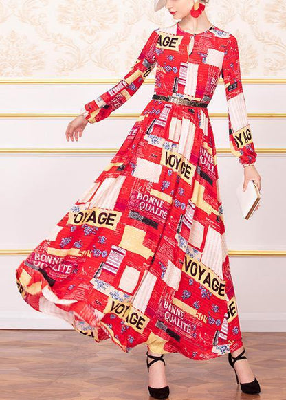 Italian Red Chiffon Tunic Pattern Big Hem a Line O Neck Dress