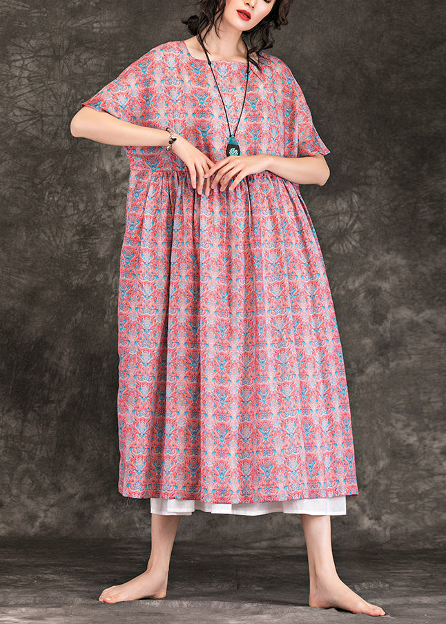 Italian Red Linen Clothes Fine Online Shopping O Neck Large Hem Maxi Summer Dresses
