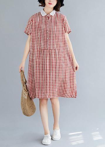 Italian Red Plaid Cotton Tunics Peter Pan Collar Knee Summer Dress
