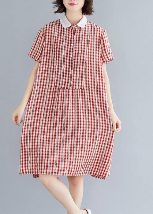 Italian Red Plaid Cotton Tunics Peter Pan Collar Knee Summer Dress