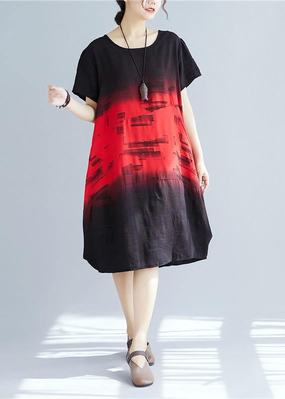 Italian Red Print Cotton Dresses O Neck Patchwork a Line Summer Dresses