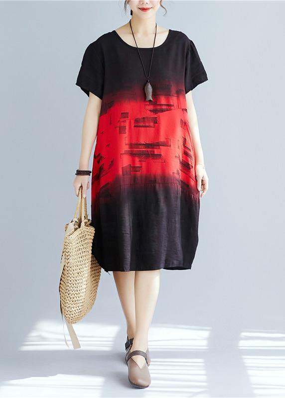 Italian Red Print Cotton Dresses O Neck Patchwork a Line Summer Dresses