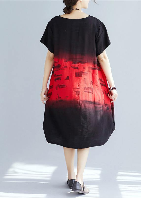 Italian Red Print Cotton Dresses O Neck Patchwork a Line Summer Dresses