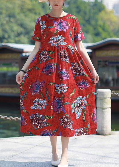 Italian Red Print Cotton Linen Dress O Neck Tie Waist Cotton Robes Summer Dresses