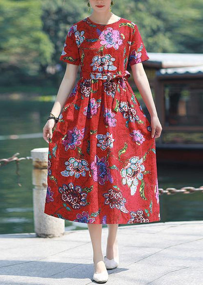 Italian Red Print Cotton Linen Dress O Neck Tie Waist Cotton Robes Summer Dresses