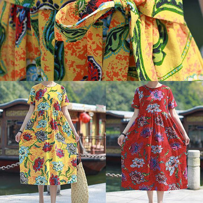 Italian Red Print Cotton Linen Dress O Neck Tie Waist Cotton Robes Summer Dresses