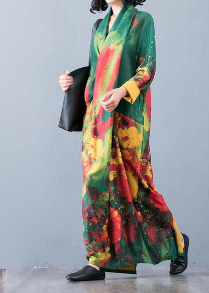 Italian Red Print Cotton V Neck Back Side Open Maxi Fall Dress