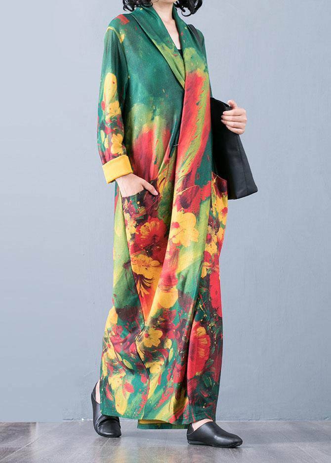 Italian Red Print Cotton V Neck Back Side Open Maxi Fall Dress
