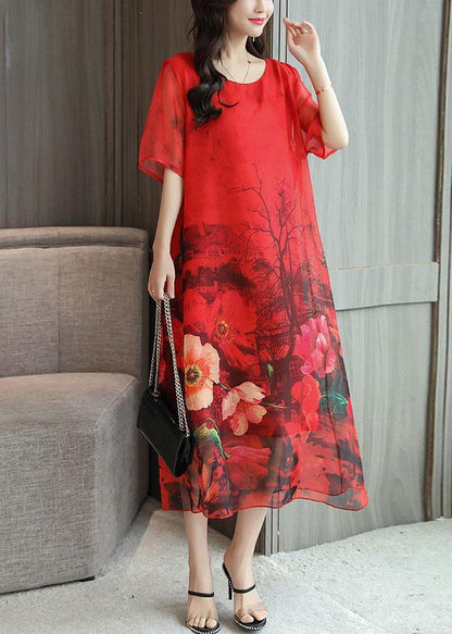Italian Red Print Silk Quilting Clothes O Neck Kaftan Summer Dresses