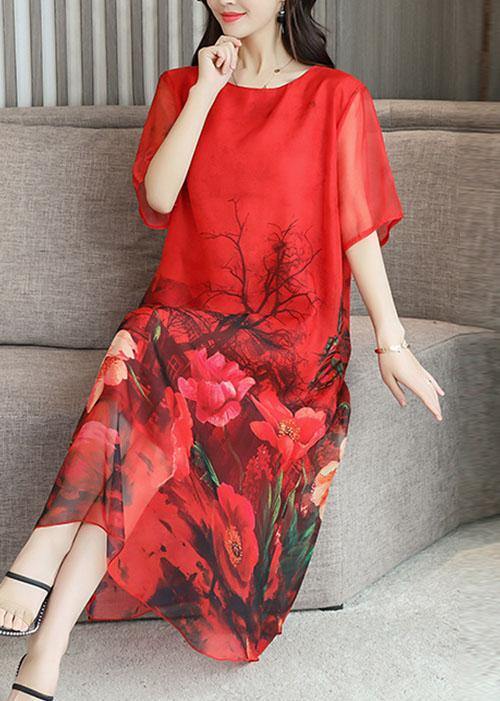 Italian Red Print Silk Quilting Clothes O Neck Kaftan Summer Dresses