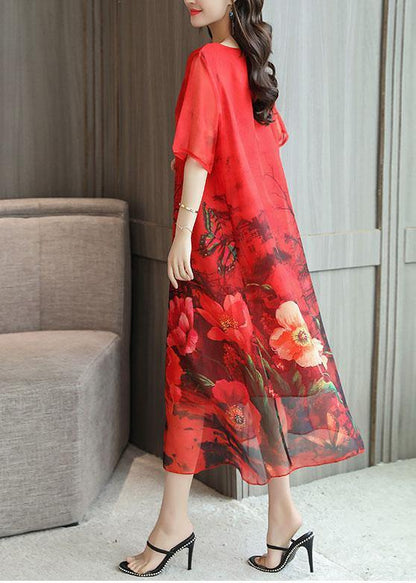 Italian Red Print Silk Quilting Clothes O Neck Kaftan Summer Dresses