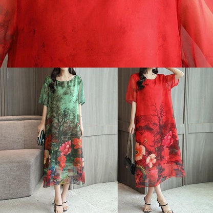 Italian Red Print Silk Quilting Clothes O Neck Kaftan Summer Dresses