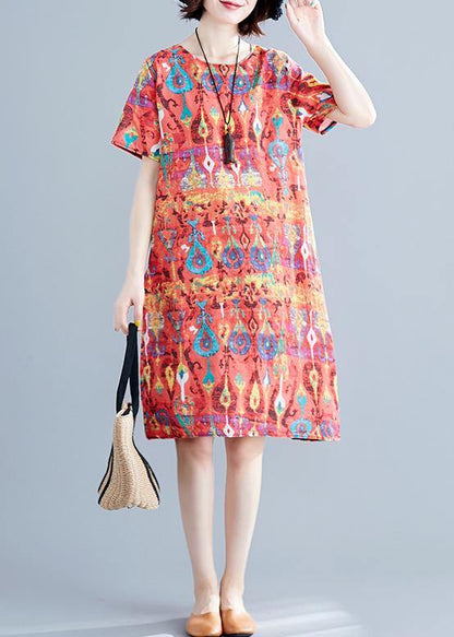 Italian Red Prints Linen Clothes for Short Sleeve Daily Summer Dress