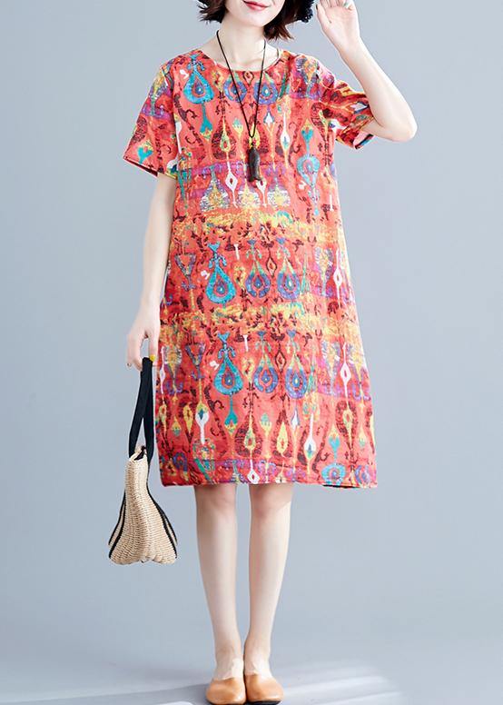 Italian Red Prints Linen Clothes for Short Sleeve Daily Summer Dress