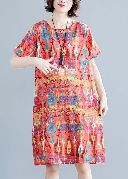 Italian Red Prints Linen Clothes for Short Sleeve Daily Summer Dress
