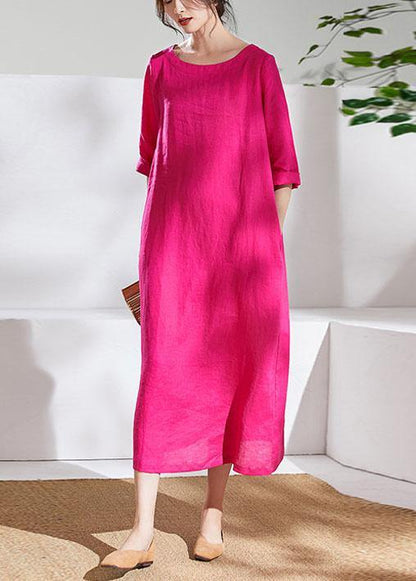 Italian Rose Linen Dresses O Neck Half Sleeve Maxi Summer Dresses