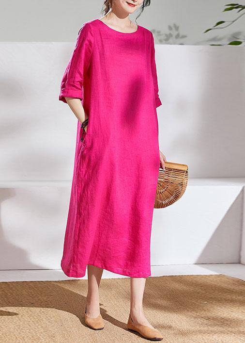Italian Rose Linen Dresses O Neck Half Sleeve Maxi Summer Dresses