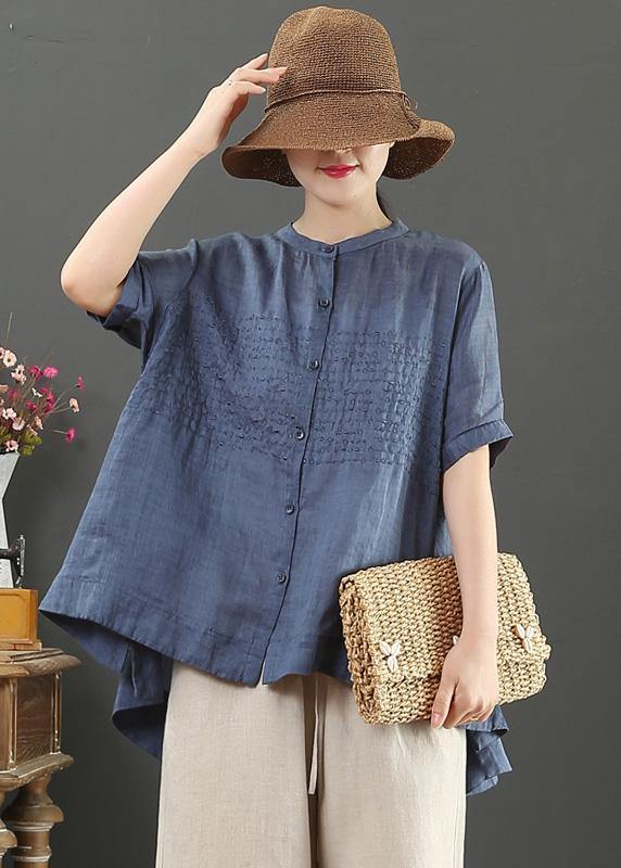 Italian Stand Collar Linen Summer Clothes Shape Navy Embroidery Blouse