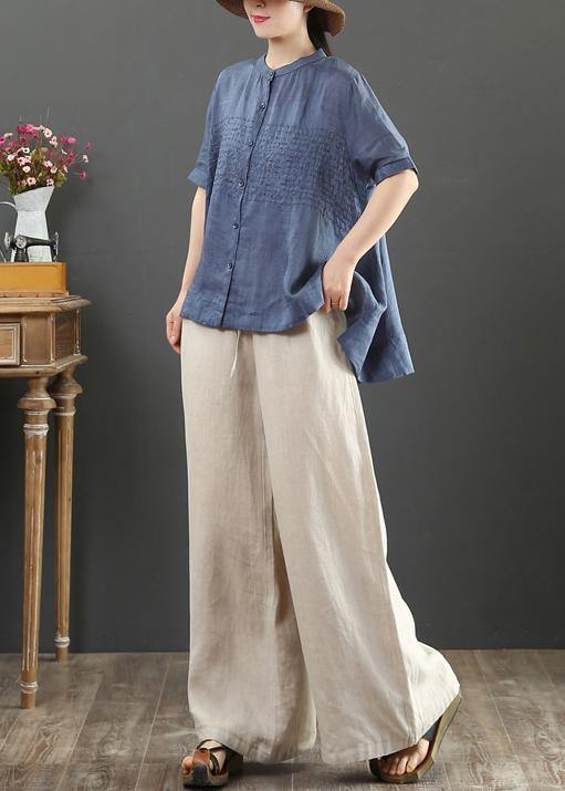Italian Stand Collar Linen Summer Clothes Shape Navy Embroidery Blouse