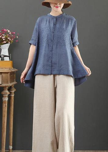 Italian Stand Collar Linen Summer Clothes Shape Navy Embroidery Blouse