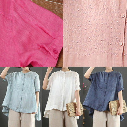 Italian Stand Collar Linen Summer Clothes Shape Navy Embroidery Blouse