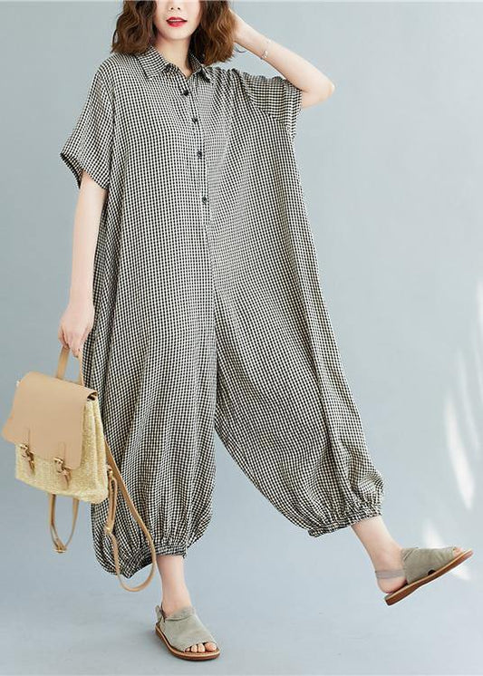 Italian Summer Pants Oversize Black Plaid Ideas Lapel Collar Jumpsuit Pants
