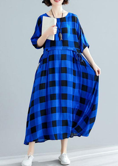 Italian Tie Waist Cotton Clothes Outfits Blue Plaid Maxi Dresses Summer