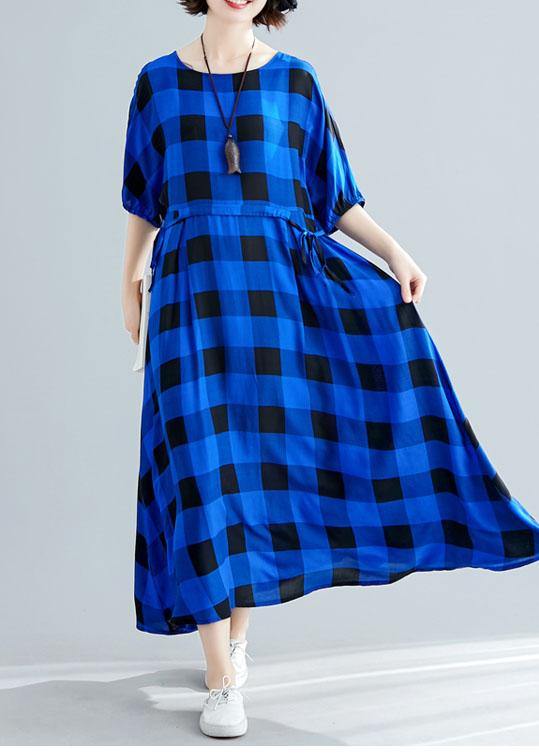Italian Tie Waist Cotton Clothes Outfits Blue Plaid Maxi Dresses Summer