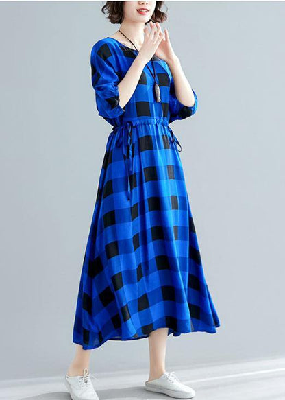 Italian Tie Waist Cotton Clothes Outfits Blue Plaid Maxi Dresses Summer