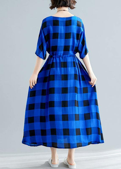 Italian Tie Waist Cotton Clothes Outfits Blue Plaid Maxi Dresses Summer