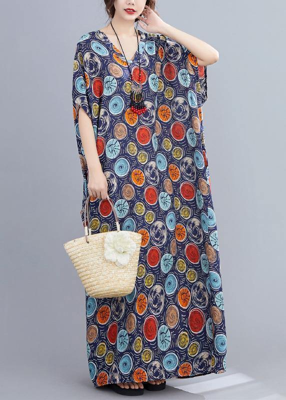 Italian V Neck Batwing Sleeve Blue Dotted Maxi Dresses
