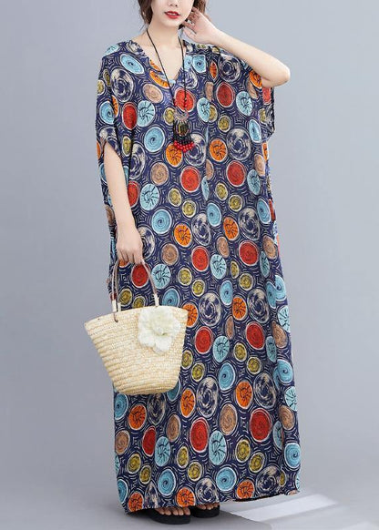 Italian V Neck Batwing Sleeve Blue Dotted Maxi Dresses
