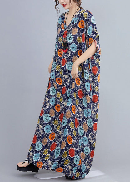 Italian V Neck Batwing Sleeve Blue Dotted Maxi Dresses