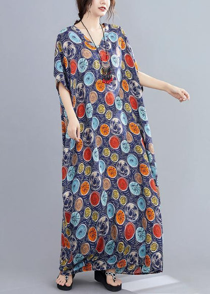 Italian V Neck Batwing Sleeve Blue Dotted Maxi Dresses