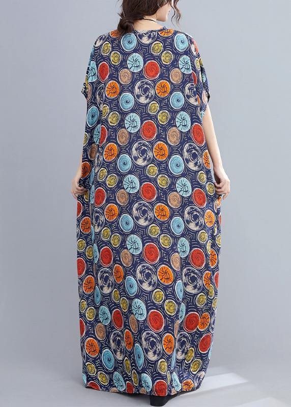 Italian V Neck Batwing Sleeve Blue Dotted Maxi Dresses
