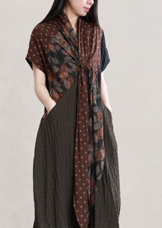 Italian V Neck Batwing Sleeve Linen Dresses Photography Chocolate Print Dress