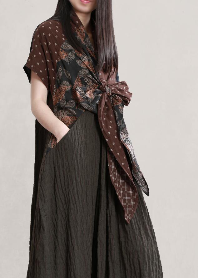 Italian V Neck Batwing Sleeve Linen Dresses Photography Chocolate Print Dress