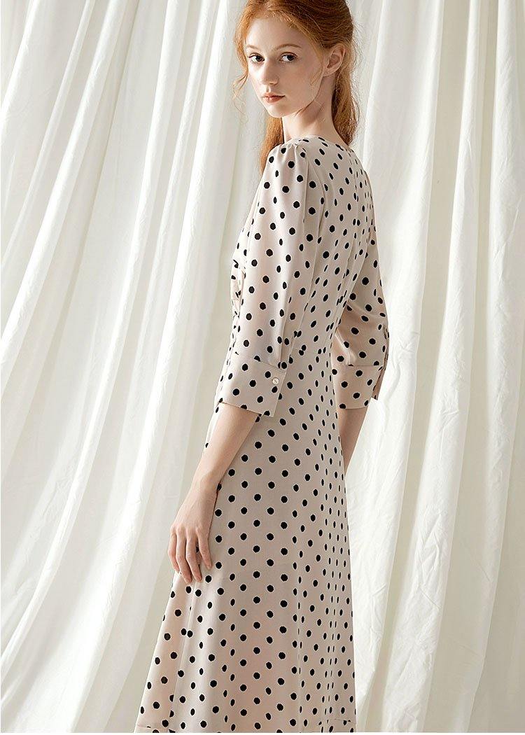 Italian V Neck Chiffon Dresses Fabrics Nude Dotted Maxi Dresses Fall