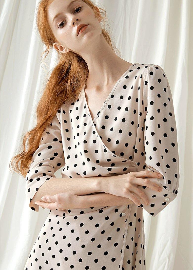 Italian V Neck Chiffon Dresses Fabrics Nude Dotted Maxi Dresses Fall