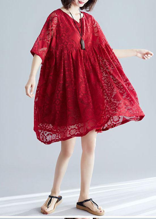 Italian V Neck Hollow Out Dresses Pattern Red Dress