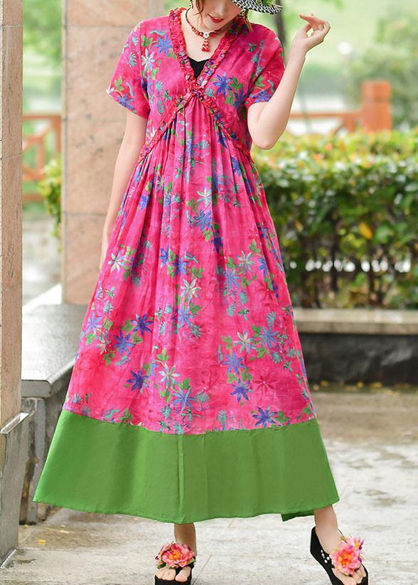 Italian V Neck Patchwork Cotton Wardrobes Rose Print Cotton Robes Dress Summer