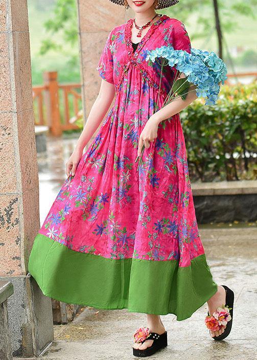 Italian V Neck Patchwork Cotton Wardrobes Rose Print Cotton Robes Dress Summer