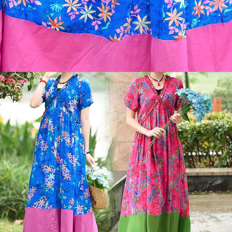 Italian V Neck Patchwork Cotton Wardrobes Rose Print Cotton Robes Dress Summer