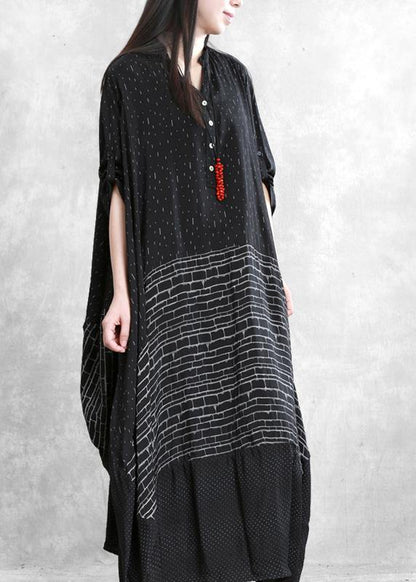 Italian V Neck Patchwork Summer Dresses Work Black Print Dress