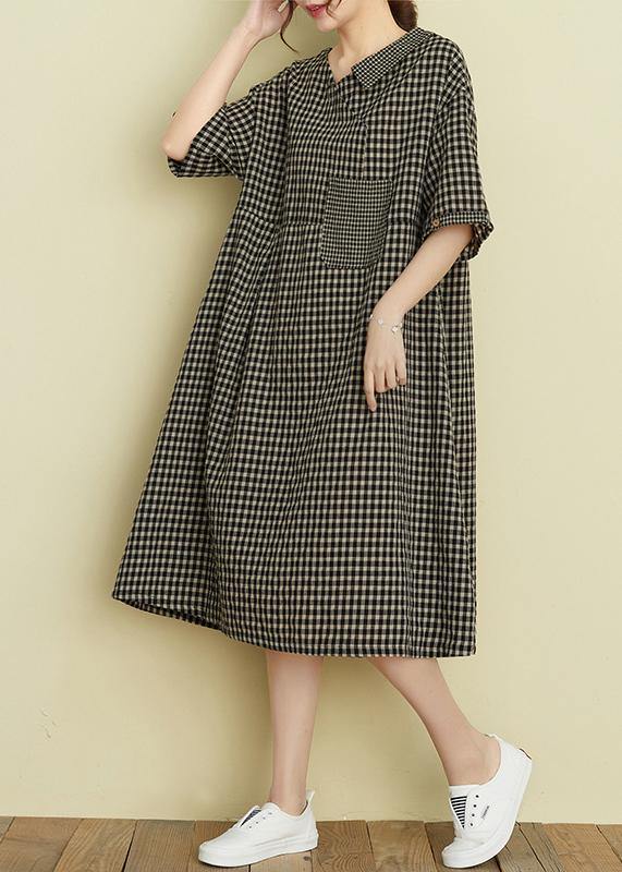Italian V Neck Pockets Summer Dresses Black Plaid Dresses