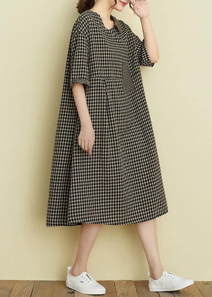Italian V Neck Pockets Summer Dresses Black Plaid Dresses
