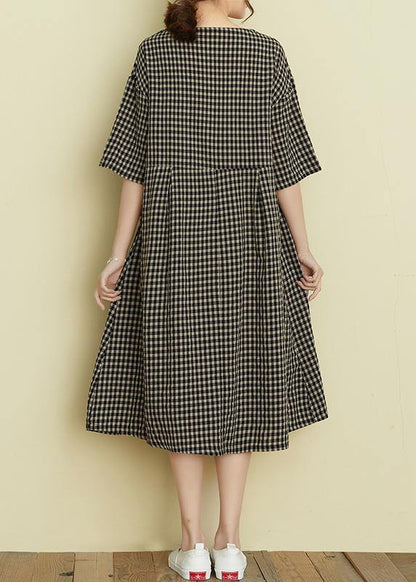 Italian V Neck Pockets Summer Dresses Black Plaid Dresses